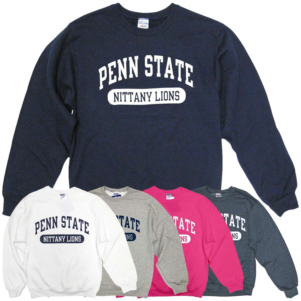 white, oxford, pink, heather blue, and navy crew neck sweatshirts with arched Penn State above Nittany Lions